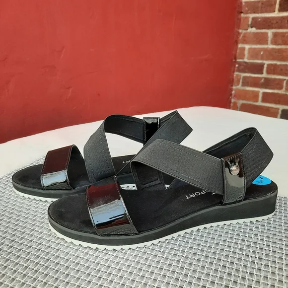 Anne Klein Sport Ankle Strap Comfort Sandals Small Wedge Black 7.5 NEW - Picture 2 of 12